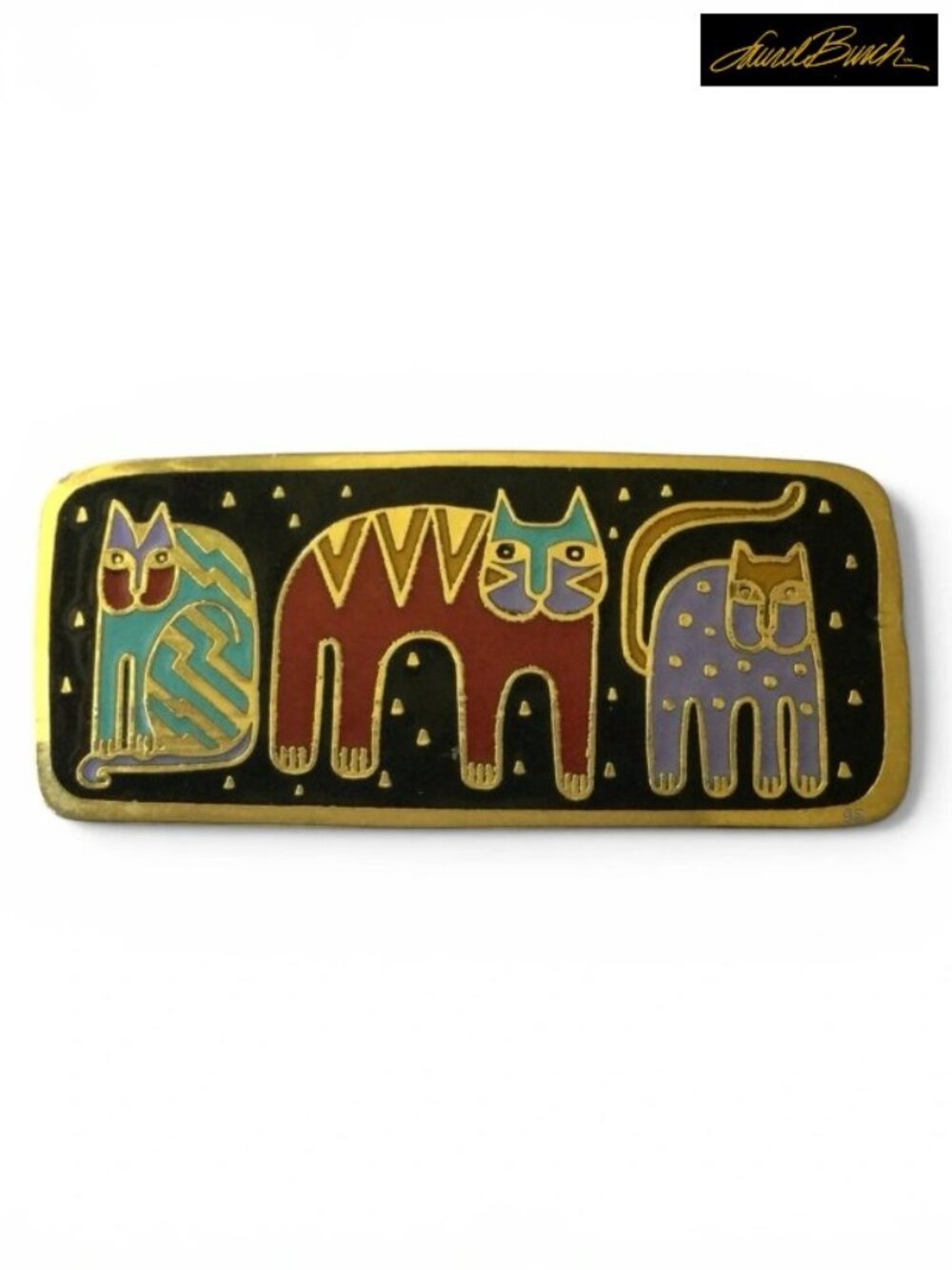 Vtg LAUREL BURCH “Fantastic Felines” Cloisonné 3 Cats Brooch • 10K GP • Signed